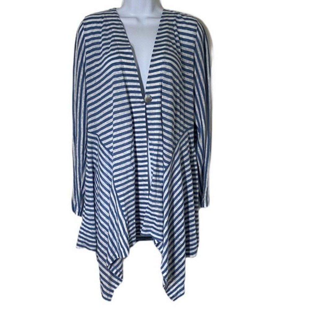 Soft Surroundings Blue White Stripe Linen Cardigan